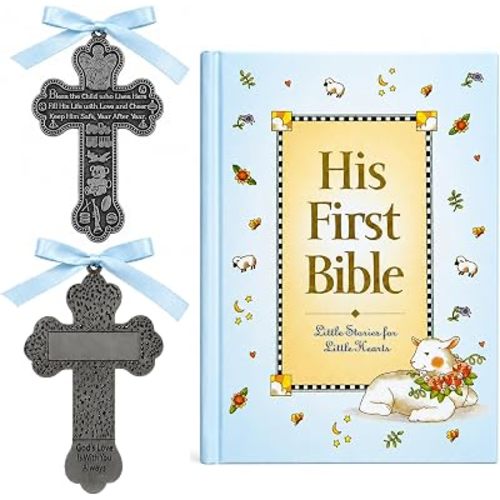Baby Boy First Bible and 4" Pewter Baptism Guardian Angel Crib Cross (Original Version)-L8