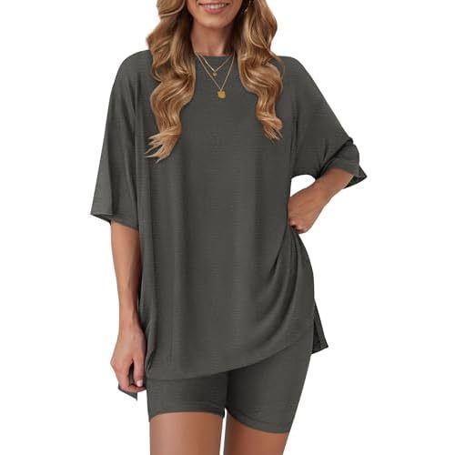 RUBZOOF Women's 2 Piece Lounge Sets 2026 Casual Summer Airport Travel Outfits Oversized Shirts Biker Shorts Matching Clothing