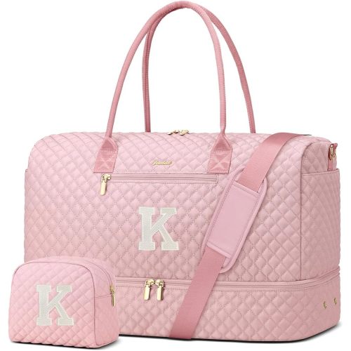 Letter Weekender Bags for Womens - Duffle Bag with Shoe Compartment Personalized Overnight Bag with Toiletry Bag Duffel Bags for Gym Hospital Bags Gift for Women Pink (Letter K)
