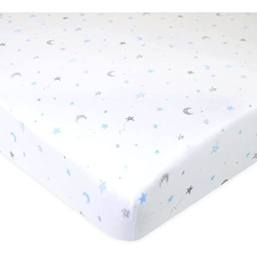American Baby Company Printed 100% Natural Cotton Jersey Knit Fitted Portable/Mini-Crib Sheet, Blue Stars and Moons, Soft Breathable, for Boys and Girls, Pack of 1