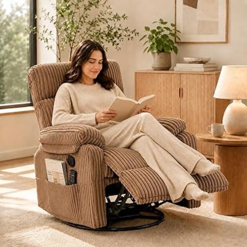 360° Corduroy Swivel Rocking Manual Recliner Chair, Glider Nursery Armchair with Side Pocket, Adjustable Reclining Backrest, Small Space Lounge Chair for Living Room Bedroom Nursery(Brown)
