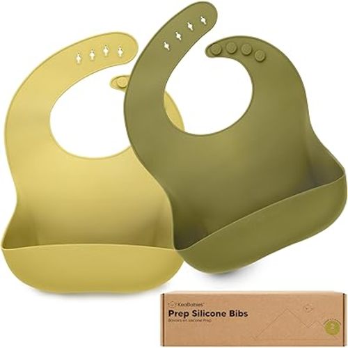 KeaBabies 2-Pack Silicone Baby Bibs for Eating - Sturdy Food-Grade Silicone Bibs for Babies Girl, Boy, Large Food Catcher, Clean & Put On Easily, Waterproof Toddler Feeding Essentials (Olives)