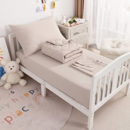 4 Piece Toddler Bedding Set, Soft Crib Bedding Set, Includes Quilted Comforter, Fitted Sheet, Flat Sheet and Pillowcase, Khaki - NTBAY