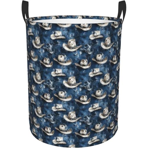 Large Laundry Basket with Handles - Navy Blue White Cowboy Hat Print Nursery Baby Kids Dirty Clothes Laundry Hamper for Bedroom Aesthetic