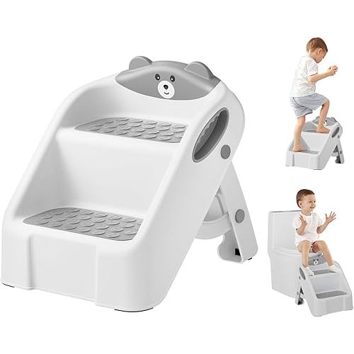 Step Stool for Toddlers, Toddler Step Stool for Bathroom Sink, Foldable Non-Slip Kids Stool with Handle, 2 Step Stools for Kids, Toddler Stool for Kitchen Bedroom Counter Sink (Grey)