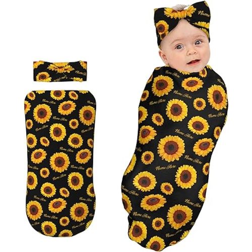 Personalized Baby Swaddle & Headband Set, Custom Name Newborn Receiving Swaddle Wrap Blanket for Baby Girls, Soft Cocoon Sleeping Swaddle Sack, Blue Bow Design, Gift for Baby Shower