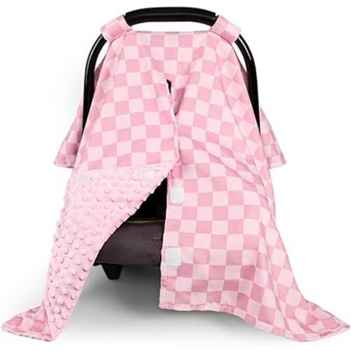 Baby Car Seat Cover, Minky Carseat Cover Baby Girl, Peekaboo Opening Infant Car Seat Cover, Warm Baby Car Seat Canopy for Winter, Pink Checkered