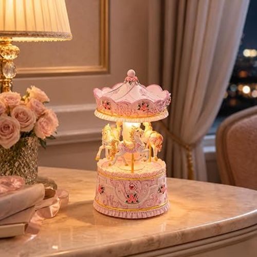 Pink Carousel Music Box with Rotating Horses and Color-Changing LED Lights, Wind-Up Musical Horse Figurine Playing Castle in the Sky, Birthday Gift for Girls, Daughter and Granddaughter