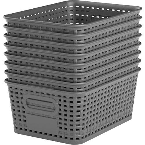 8 Pack Plastic Storage Baskets,Gray Stackable Storage Bins