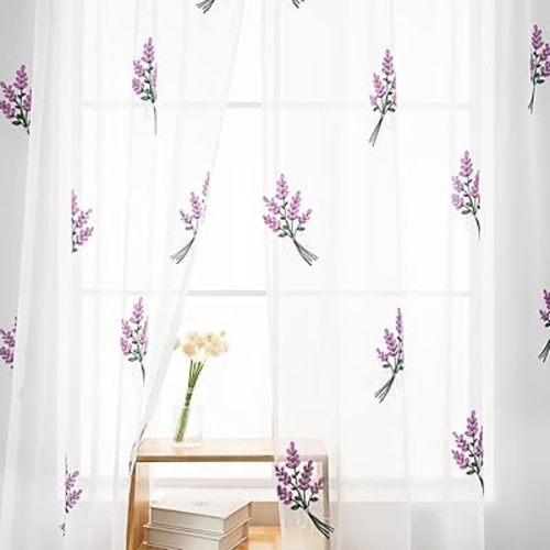 Floral Sheer Curtains Embroidered Lavender Patterned Semi-Sheer Curtain 63 Inches Long 2 Panels Rod Pocket Spring Voile Drapes for Living Room, Bedroom(W52 x L63 Inch, White&Purple)