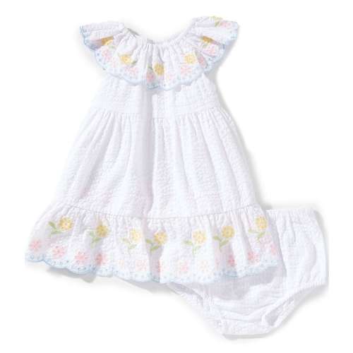 Little Me Baby Girls Cotton Ruffle Neck Woven Embroidered Floral Sundress