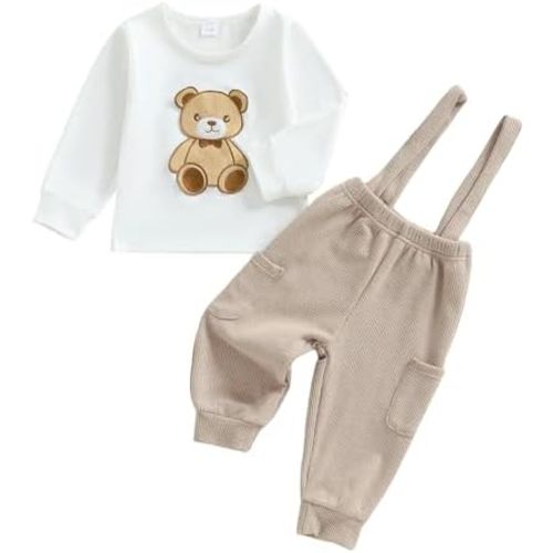 Toddler Baby Boy Fall Outfit Bear Embroidery Long Sleeve Tops Suspender Pants Infant Clothes Set