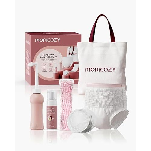 Momcozy Postpartum Recovery Essentials Kit, Labor Delivery Mom Care Kit, Self-Absorbent Disposable Underwear Nipple Nursing Pads Upside Down Peri Bottle Cold Pads Cooling Foam Canvas Bag Set
