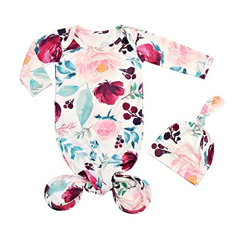 Newborn Baby Sleeper Set - Knotted Gown & Hat for Baby Girl or Boy - 0-3 Months