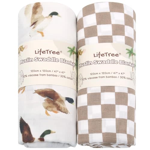 LifeTree Baby Swaddle Blankets, Boys Girls Muslin Swaddling Wrap Receiving Blanket for Newborn, 70% Viscose from Bamboo and 30% Cotton, Large 47" x 47", Duck and Coffee Checkered