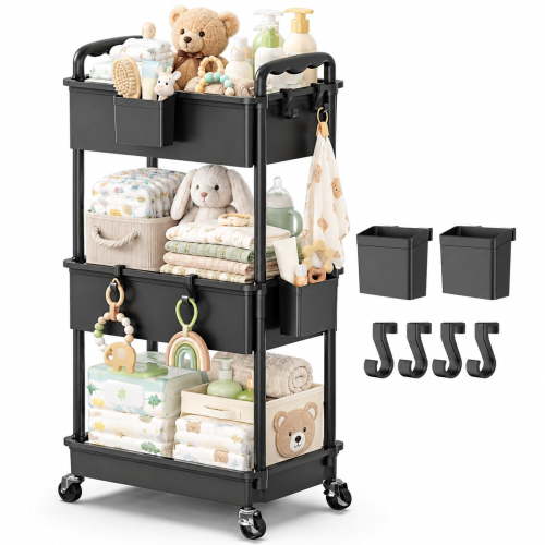 Yeabett 3-Tier Deep Basket Storage Cart with Wheels, Large Capacity Rolling Utility Cart with Lockable Casters, Black