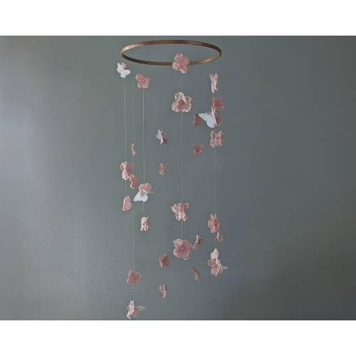 Baby Mobile with Light Pink Florals and Butterflies - Hanging Felt Butterfly Decoration - Pink Flower Crib Mobile - Flowery Nursery Decor