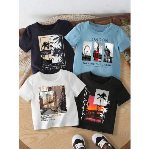 Baby Boy Round Neck Letter & Landscape Print Casual Versatile Daily Wear Short Sleeve Top