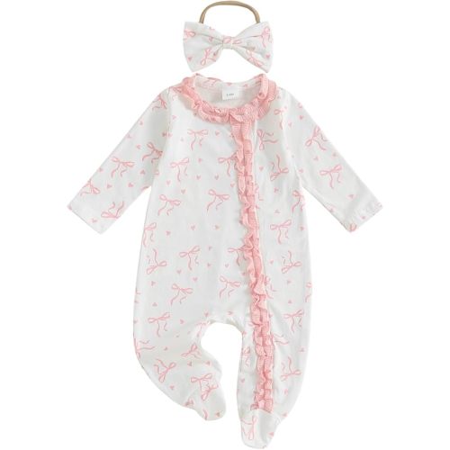 Newborn Baby Girl Outfits Bow/Goose Print Footed Jumpsuit Ruffle Zipper Romper Cute Fall Baby Coming Home Outfit