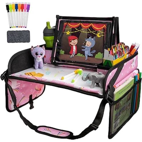 Lusso Gear Travel Car Seat Tray - Dry Erase Board & Secure Tablet Holder for Toddler Travel - Durable 600D Oxford Cloth with Snack & Toy Compartments for Road Trip Essentials for Kids - Pink Unicorn