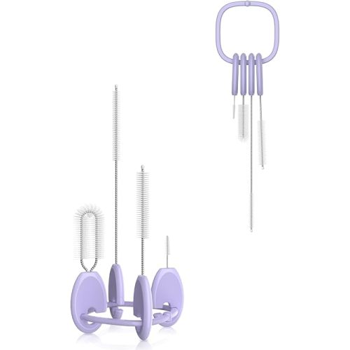 YOTIME 4 in 1 Straw Cleaner Brush Set, Reusable Standing Straw Brushes with Holder Ring, for Baby Bottles, Sippy Cups and Lids, Purple
