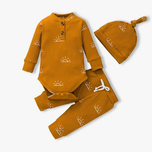 PatPat Baby Boy 95% Cotton Ribbed Long-sleeve Sun Print Button Design Romper and Elasticized Pants with Cap