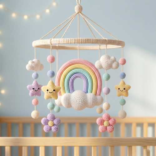 Handmade Crochet Rainbow Mobile, Cloud Star Nursery Decor, Pastel Crib Mobile, Amigurumi Hanging, Baby Shower Gift