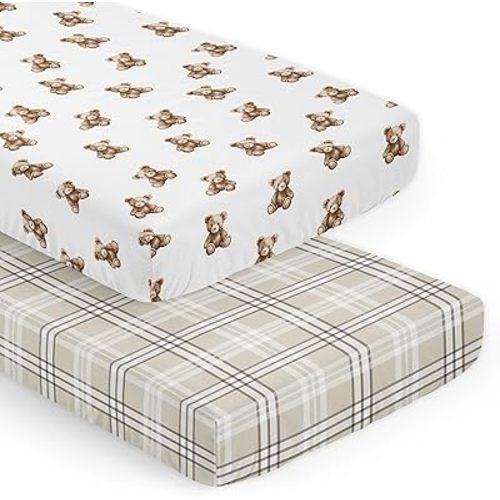 Sweet Jojo Designs 2-Piece Baby Crib Sheets Set (Boho Teddy Bear) for Boys or Girls, Infant Nursery, Toddler Room - Fitted, Standard Size (Taupe Plaid & Brown Watercolor, Classic, Wholesome Aesthetic)