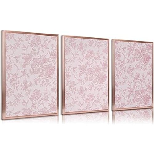 3pcs Pink Flower Canvas Wall Art Watercolor Flower Botanical Posters Prints Minimalist Chinoiserie Wildflower Wall Decor Pictures for Living Room Bedroom Bathroom Home Decorate Unframed