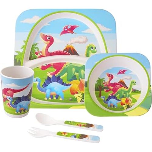 Qshare Bamboo Toddler Dinnerware Set,5Pcs Baby Plates and Bowls,Bamboo Kids Plates and Bowls Set,Kids Dishes Dinnerware Sets with Plate,Bowl,Cup,Fork and Spoon (Tyrannosaurus)