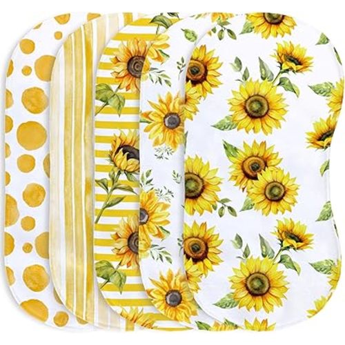 5 Pack Baby Burp Cloths for Boys Girls, Soft Cotton, Yellow Sunflowers Theme Design, Super Absorbent Baby Burping Cloths for Newborns, Machine Washable and Reusable Baby Spit-Up Cloths