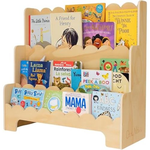 Premium Scalloped Bookshelf for Nursery & Kids Bedroom - 29.5x27.5 in - 3-Tier Wooden Montessori Bookshelf - Kids Bookcase for Nursery, Playroom or Classroom, Minimalist Toddler Book Shelf