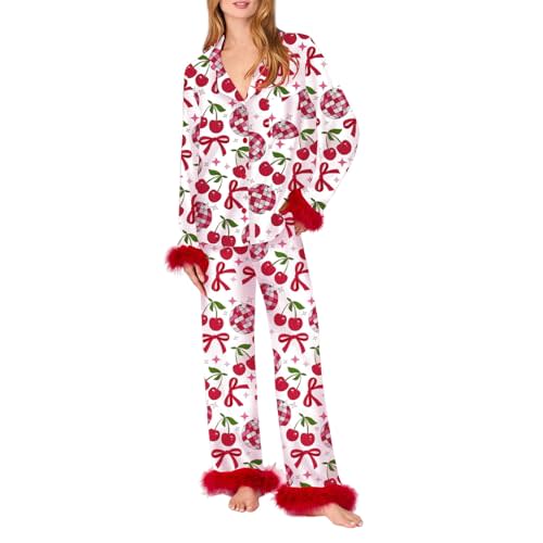 Owl's-Yard Mommy and Me Matching Pajama Sets Cherry Bow Print Long Sleeve Lapel Tops and Pants Set Family Sleepwear