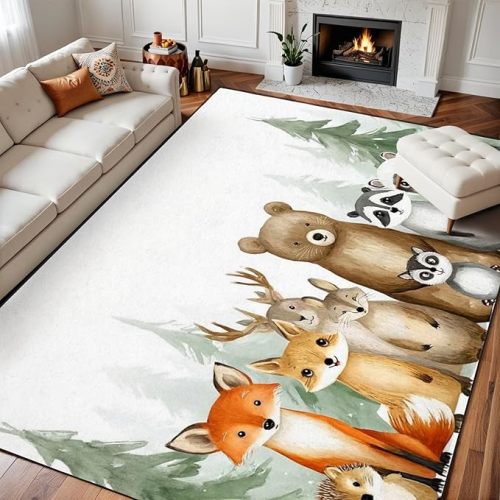 8x10 Area Rugs for Bedroom Boho Washable Rug for Living Room Nursery Room Woodland Animal Watercolor Forest Baby Animal Bear Deer Soft Rubber Backed Non-Slip Carpets for Nursery Room Home Decor