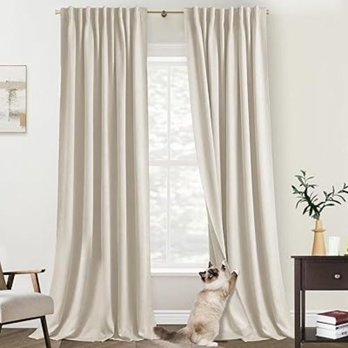 Floor to Ceiling Blackout Curtains, Polished & High End Luxury Fabric, 108 Inch Beige Thermal Pleated Drapes for Track System with Hooks for Living Room Bedroom, Cortinas para Sala Elegantes