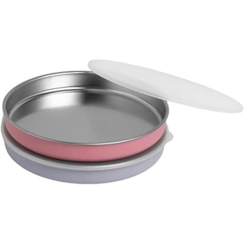 Elk and Friends 7.8” Stainless Steel Non Divided Plates with Silicone Sleeve + Storage Lid | Baby, Toddler, Kids | Dishwasher Safe | Dinner & Snack Plates | 2 Pack