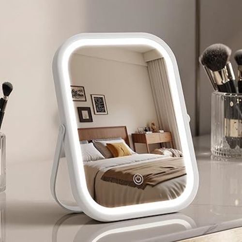 Rechargeable Travel Makeup Mirror, 8"×6" Small Vanity Mirror with Lights, 1500mAH Battery, 3-Color Lighting, Dimmable, 360° Rotation, Portable Desk Mirror with Storage Pouch, Travel Essentials (White)