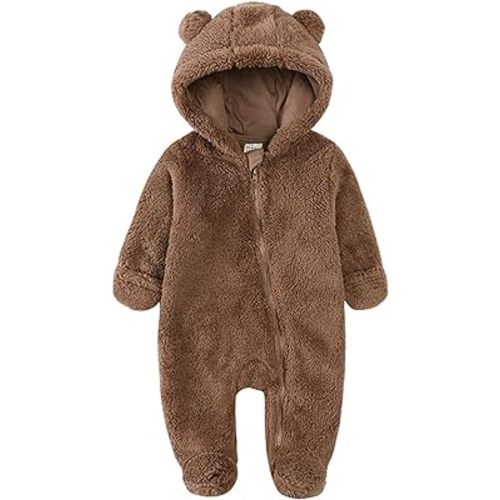 Combinaison en polaire pour bébé nouveau-né avec oreilles d'ours en peluche - Grenouillère à capuche - Fermeture éclair à manches longues