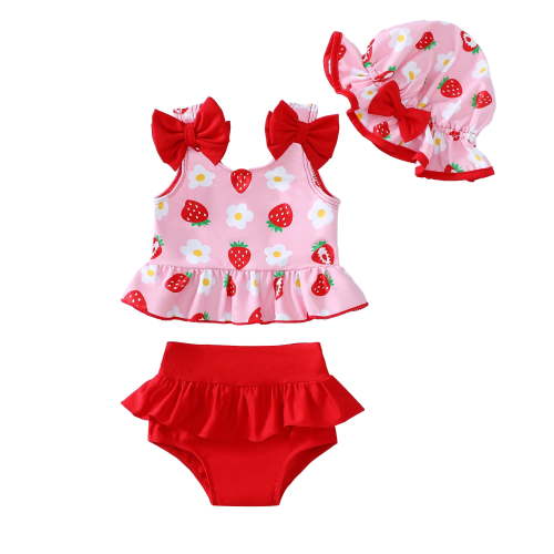 KIMI BEAR Newborn Baby Girls Swimsuits 0-3 Months Sleeveless Bowknots Swim Top Strawberry Swimsuit Ruffle Shorts with Hat Baby Girls Bathing Suits Red