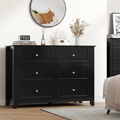 IDEALHOUSE Black 6 Drawer Dresser for Bedroom, Large Dresser with Deep Drawers & Metal Knobs, Modern Wooden Chests of Drawers for Entryway, Hallway