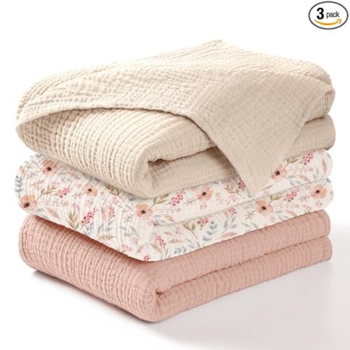 lulumoon Muslin Swaddle Blankets for Baby: Lightweight & Breathable Receiving Blankets for Hospital - Neutral Registry Gift for Newborn 3pack (WhitePinkFlower)