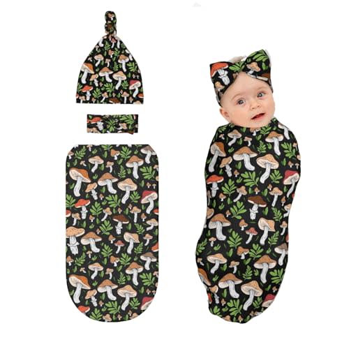 Mushroom Newborn Swaddle Blanket with Hat and Bow Set, Soft Swaddling Sack Gift for Mushroom Baby Items Stuff Shower