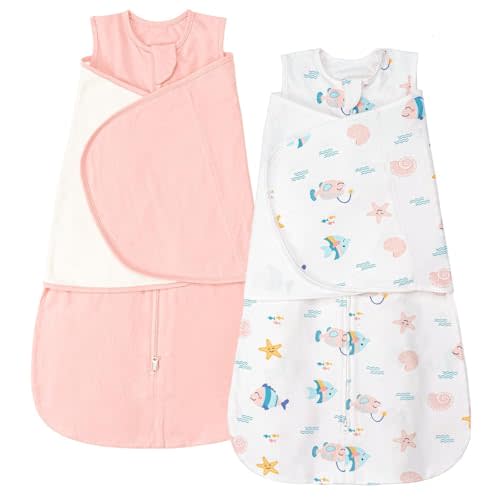 ZIGJOY Sleep Sack Swaddle 1.0 Tog Baby Wearable Blanket 100% Cotton Baby Swaddle Blanket for Newborns 6-12 Months Ocean&Pink