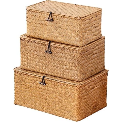 Nonam Storage Basket with Lid, Natural Seagrass Bin with Lid Set of 3, Shelf Baskets Multipurpose Container for Boho Decoration, Rectangular Household Storage Boxes for Home Organization