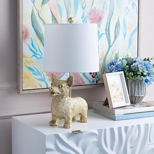 Crestview Collection 22" Gold Corgi Resin Table Lamp,Desk Lamp w/White Linen Shade,Bedside Lamps for Night Stands,Unique Aesthetic Home Room Decor