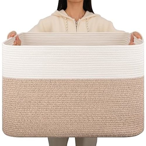 OIAHOMY 108L Extra Large Blanket Basket, 25”x16”x16” Laundry Basket, Blanket Storage for Living Room, Dog Toy Storage with Handle - Brown & White