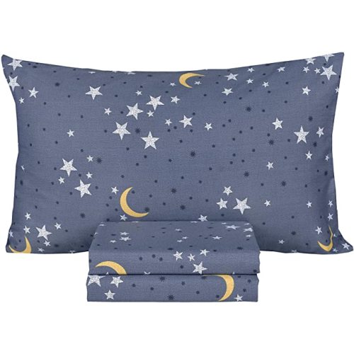 Scientific Sleep Moon & Stars Boys Girls 100% Cotton 3 Pcs Twin Bed Sheet Set Kids Toddler Teen, Flat Sheet & Fitted Sheet & Pillowcase Kids Bedding Set