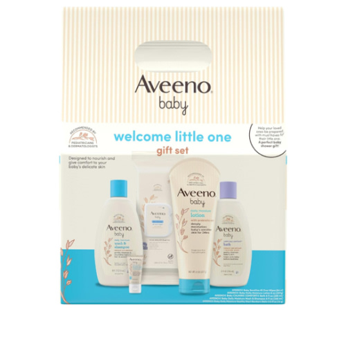 Aveeno Baby Welcome Little One Gift Set, Baby Skincare Set with Nourishing Baby Body Wash & Shampoo, Calming Bath Wash, All Over Baby Wipes, Daily Moisturizing Lotion, & Baby Balm, 5 Items