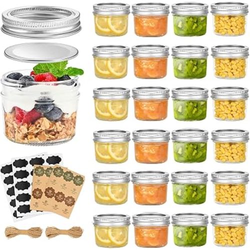 TUZAZO 4 oz Mini Mason Jars with Lids 24 Pack, 4oz Small Glass Mason Canning Jars for Jam Jelly Yogurt Dessert, Shower Wedding Favors Decor