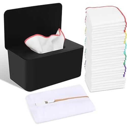 54 Packs Flannel Reusable Baby Wipes Cloth Wipes with Black Upgraded Wipes Dispenser, Soft & Natural Skin Friendly Cloth Wipes, Body Face Hand Washcloth Essential for Cloth Diapers
